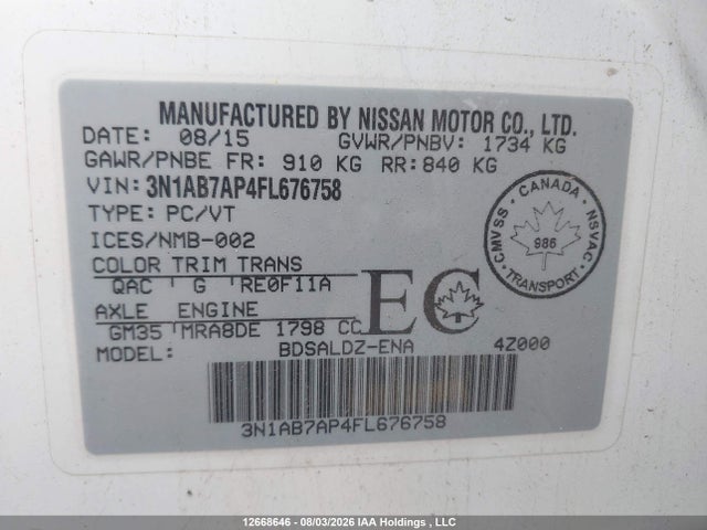 3N1AB7AP4FL676758 Nissan Sentra 1.8 S/1.8 Sl/1.8 Sr/1.8 Sv
