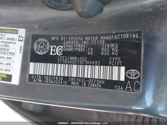 2009 Toyota Corolla S/le/xle მანქანა იყიდება აუქციონზე, vin: 2T1BU40E79C164493, აუქციონის ნომერი: 12668647