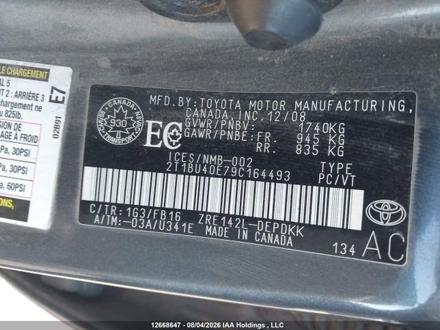 2009 Toyota Corolla S/le/xle მანქანა იყიდება აუქციონზე, vin: 2T1BU40E79C164493, აუქციონის ნომერი: 12668647