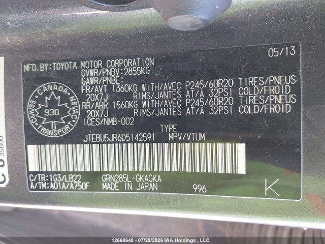 2013 Toyota 4runner Sr5 V6 მანქანა იყიდება აუქციონზე, vin: JTEBU5JR6D5142591, აუქციონის ნომერი: 12668648