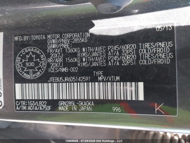 2013 Toyota 4runner Sr5 V6 მანქანა იყიდება აუქციონზე, vin: JTEBU5JR6D5142591, აუქციონის ნომერი: 12668648