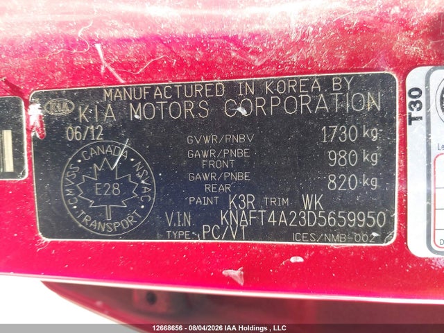 2013 Kia Forte მანქანა იყიდება აუქციონზე, vin: KNAFT4A23D5659950, აუქციონის ნომერი: 12668656