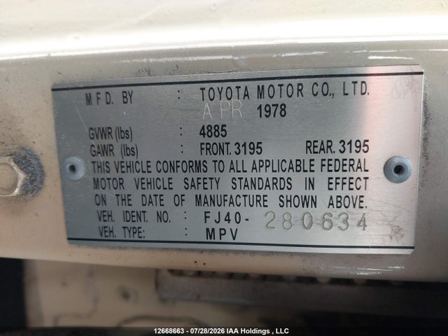 Aukcja sprzedaży 1978 Toyota Land Cruiser, vin: FJ40280634, numer aukcji: 12668663