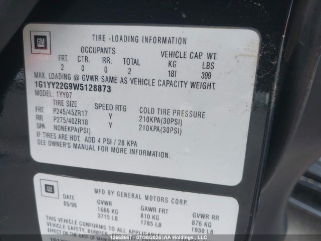 1998 Chevrolet Corvette მანქანა იყიდება აუქციონზე, vin: 1G1YY22G9W5128873, აუქციონის ნომერი: 12668667