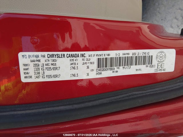 12668670 :رقم المزاد ، 2C4RDGBG0DR789034 vin ، 2013 Dodge Grand Caravan مزاد بيع