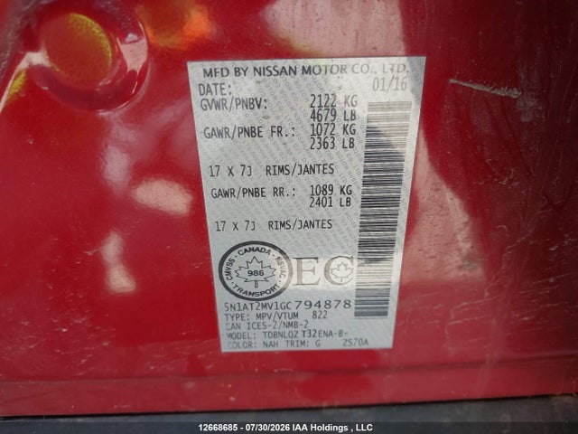 Продаж на аукціоні авто 2016 Nissan Rogue S/sl/sv, vin: 5N1AT2MV1GC794878, номер лоту: 12668685