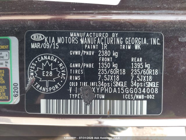 12668691 :رقم المزاد ، 5XYPHDA15GG034008 vin ، 2016 Kia Sorento Ex مزاد بيع