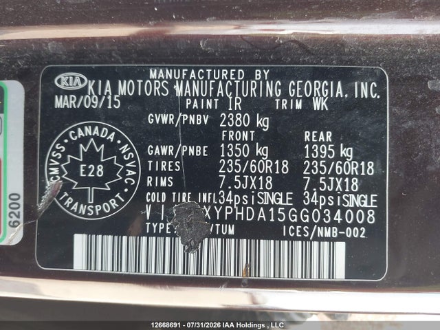 12668691 :رقم المزاد ، 5XYPHDA15GG034008 vin ، 2016 Kia Sorento Ex مزاد بيع