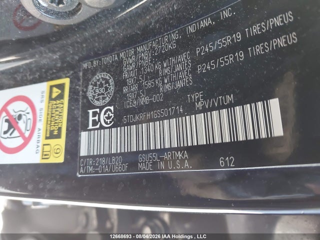 2016 Toyota Highlander Xle მანქანა იყიდება აუქციონზე, vin: 5TDJKRFH1GS501714, აუქციონის ნომერი: 12668693