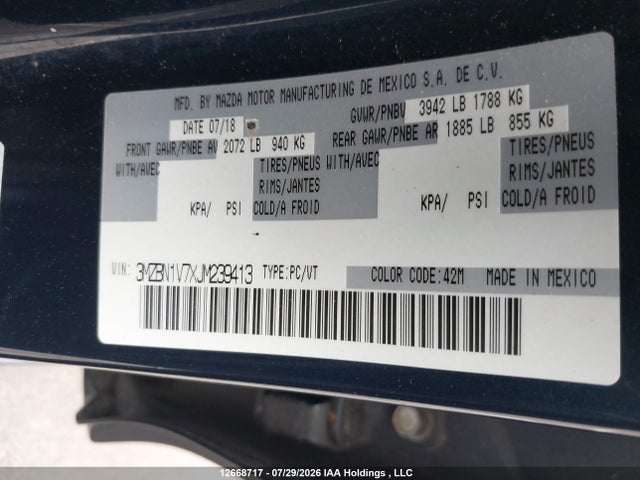 2018 Mazda 3 Gs მანქანა იყიდება აუქციონზე, vin: 3MZBN1V7XJM239413, აუქციონის ნომერი: 12668717