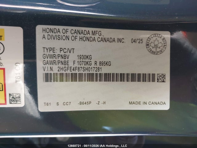 Продажа на аукционе авто 2025 Honda Civic Sport/sport Touring, vin: 2HGFE4F87SH017281, номер лота: 12668721
