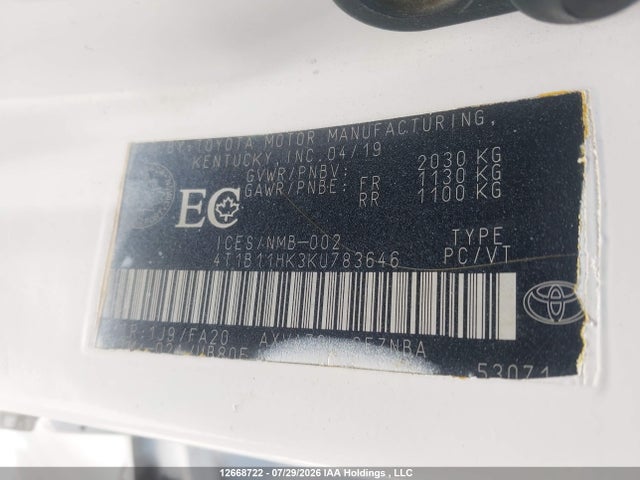 4T1B11HK3KU783646 Toyota Camry L/le/xle/se/xse