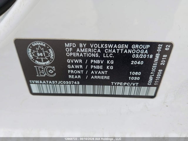 Продажа на аукционе авто 2018 Volkswagen Passat S/r-line, vin: 1VWAA7A37JC030743, номер лота: 12668723