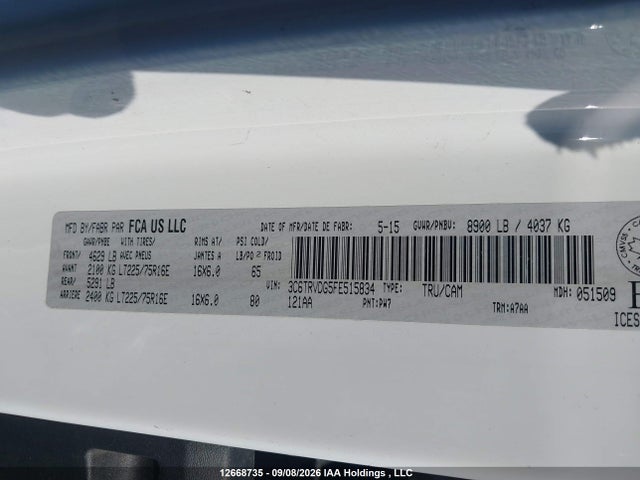 12668735 :رقم المزاد ، 3C6TRVDG5FE515834 vin ، 2015 Ram Promaster 2500 2500 High مزاد بيع
