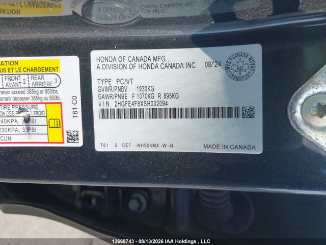 2HGFE4F8XSH002094 Honda Civic