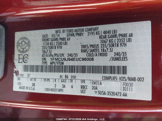 Ford Escape Titanium 2014 1FMCU9J94EUC96008 Image 9