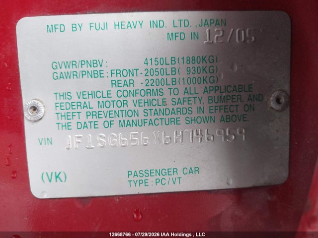 Aukcja sprzedaży 2006 Subaru Forester 2.5x Premium, vin: JF1SG656X6H746959, numer aukcji: 12668766