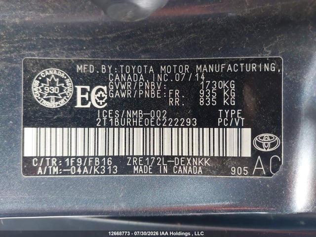 12668773 :رقم المزاد ، 2T1BURHE0EC222293 vin ، 2014 Toyota Corolla مزاد بيع