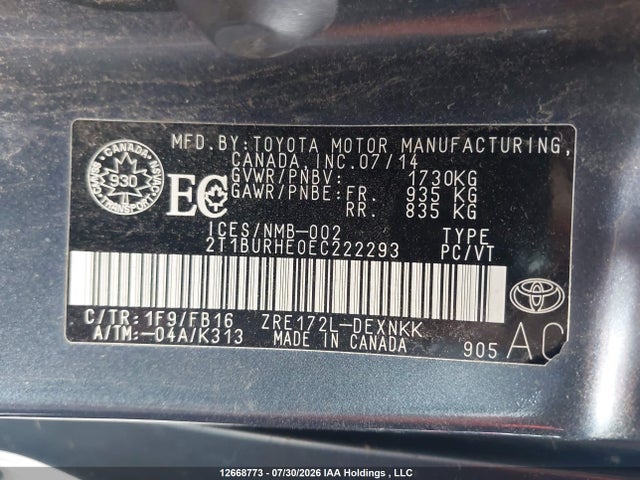 12668773 :رقم المزاد ، 2T1BURHE0EC222293 vin ، 2014 Toyota Corolla مزاد بيع