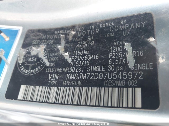 12668774 :رقم المزاد ، KM8JM72D07U545972 vin ، 2007 Hyundai Tucson Gl/gls مزاد بيع