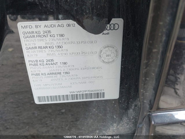 Aukcja sprzedaży 2013 Audi Q5 Prestige, vin: WA1WFCFP7DA009321, numer aukcji: 12668776