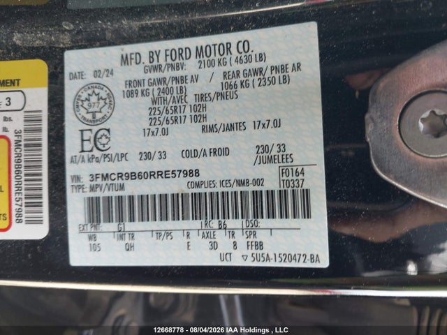 2024 Ford Bronco Sport Big Bend მანქანა იყიდება აუქციონზე, vin: 3FMCR9B60RRE57988, აუქციონის ნომერი: 12668778