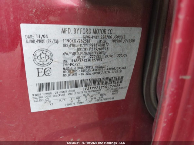 Продаж на аукціоні авто 2005 Ford Five Hundred Sel, vin: 1FAFP27125G127059, номер лоту: 12668781