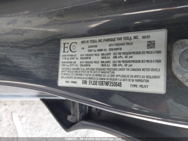 Aukcja sprzedaży 2022 Tesla Model 3, vin: 5YJ3E1EB7NF250648, numer aukcji: 12668791