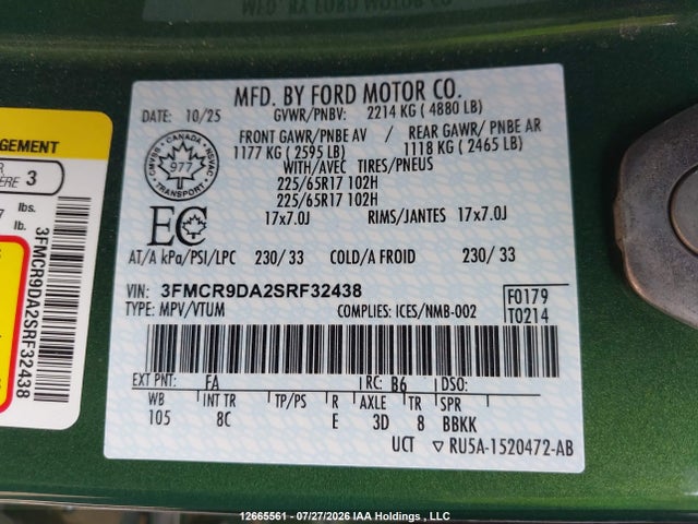 Продажа на аукционе авто 2025 Ford Bronco Sport Badlands, vin: 3FMCR9DA2SRF32438, номер лота: 12665561