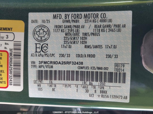 Продажа на аукционе авто 2025 Ford Bronco Sport Badlands, vin: 3FMCR9DA2SRF32438, номер лота: 12665561