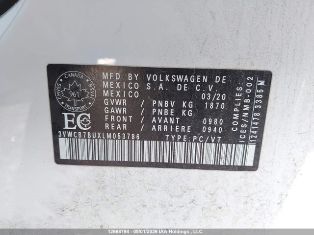 12668794 :رقم المزاد ، 3VWCB7BUXLM053786 vin ، 2020 Volkswagen Jetta Comfortline مزاد بيع