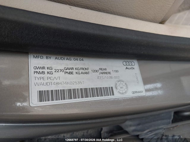 Aukcja sprzedaży 2004 Audi A4 3.0, vin: WAUDT48H74K025351, numer aukcji: 12668797