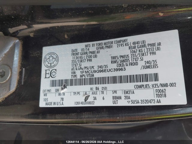 Продажа на аукционе авто 2014 Ford Escape Se, vin: 1FMCU9G96EUC39963, номер лота: 12644114
