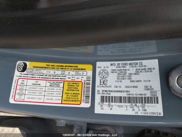 Aukcja sprzedaży 2024 Ford Bronco Sport Outer Banks, vin: 3FMCR9C6XRRE51551, numer aukcji: 12630337