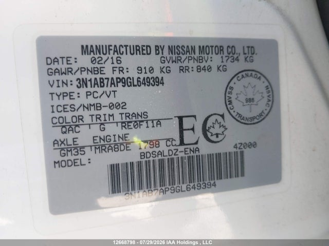 3N1AB7AP9GL649394 Nissan Sentra S/sv/sr/sl