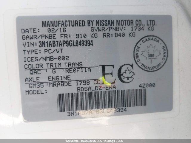 3N1AB7AP9GL649394 Nissan Sentra S/sv/sr/sl