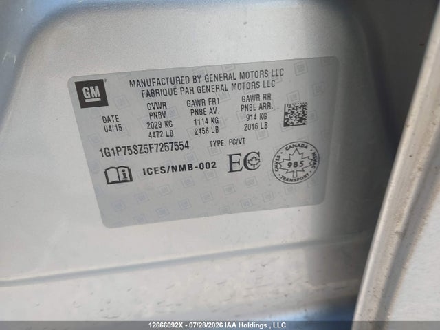 Aukcja sprzedaży 2015 Chevrolet Cruze Diesel, vin: 1G1P75SZ5F7257554, numer aukcji: 12666092