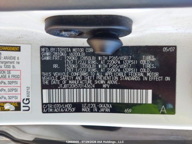 Aukcja sprzedaży 2007 Lexus Gx 470 470, vin: JTJBT20X570143624, numer aukcji: 12668805