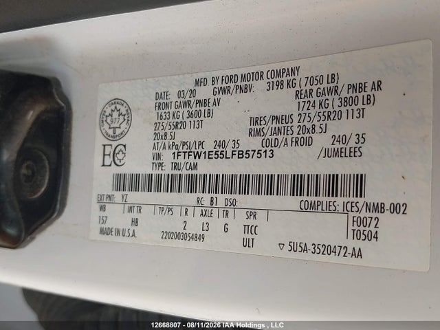 12668807 :رقم المزاد ، 1FTFW1E55LFB57513 vin ، 2020 Ford F150 Supercrew مزاد بيع