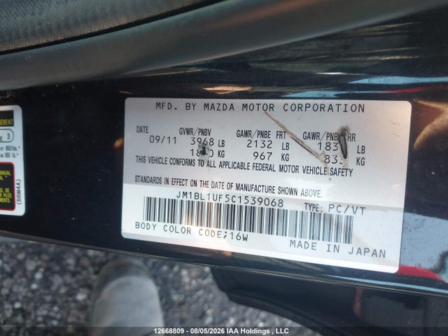 12668809 :رقم المزاد ، JM1BL1UF5C1539068 vin ، 2012 Mazda Mazda3 Gx مزاد بيع