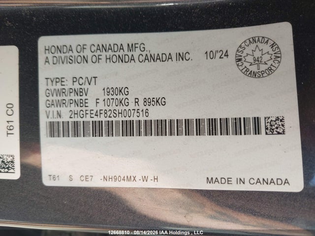 Honda Civic 2025 2HGFE4F82SH007516 Image 9