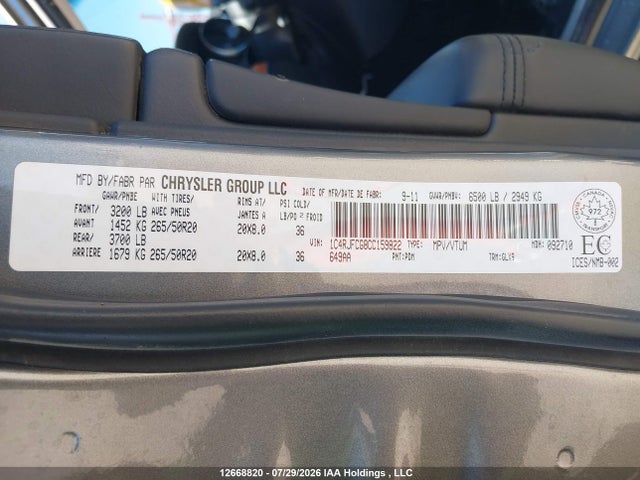 2012 Jeep Grand Cherokee Overland მანქანა იყიდება აუქციონზე, vin: 1C4RJFCG8CC159822, აუქციონის ნომერი: 12668820