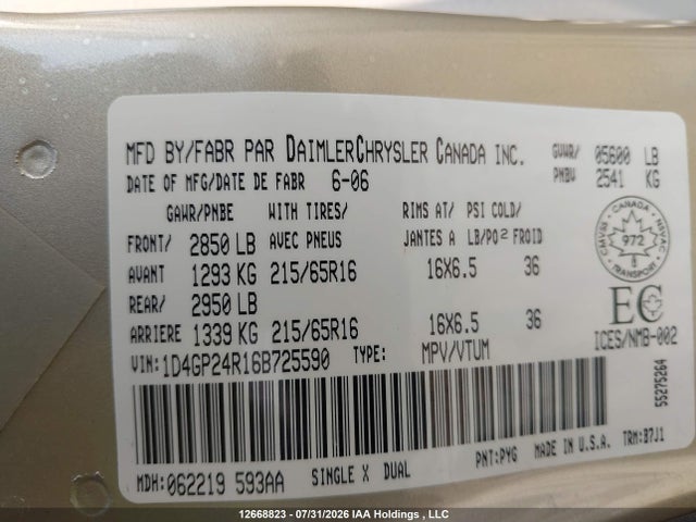 12668823 :رقم المزاد ، 1D4GP24R16B725590 vin ، 2006 Dodge Grand Caravan مزاد بيع