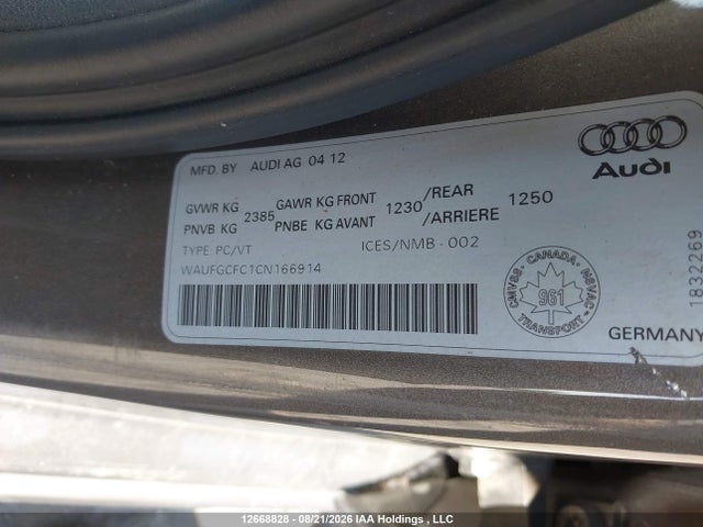 2012 Audi A6 3.0 Premium მანქანა იყიდება აუქციონზე, vin: WAUFGCFC1CN166914, აუქციონის ნომერი: 12668828