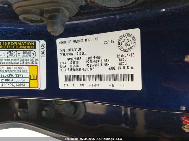 Honda CR-V 2015 5J6RM4H90FL803348 Image 9
