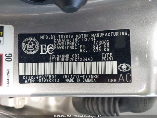 2T1BURHE2EC123443 Toyota COROLLA LE