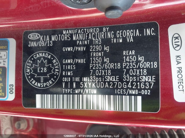 Продаж на аукціоні авто 2013 Kia Sorento Ex, vin: 5XYKUDA27DG421637, номер лоту: 12668837