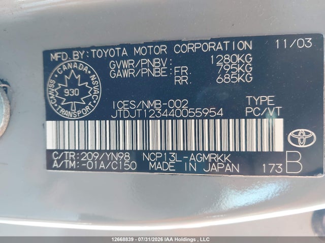 2004 Toyota Echo Ce მანქანა იყიდება აუქციონზე, vin: JTDJT123440055954, აუქციონის ნომერი: 12668839