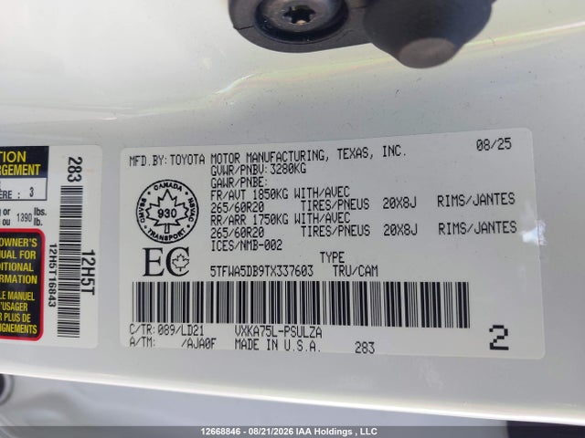 Продаж на аукціоні авто 2026 Toyota Tundra Crewmax Limited, vin: 5TFWA5DB9TX337603, номер лоту: 12668846
