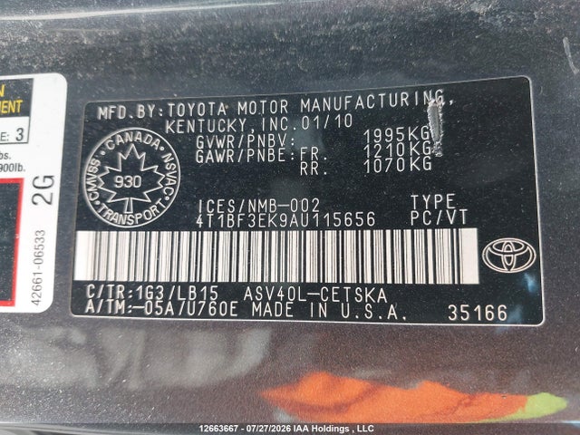 Aukcja sprzedaży 2010 Toyota Camry Se, vin: 4T1BF3EK9AU115656, numer aukcji: 12663667